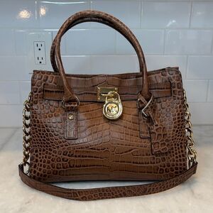 Michael Kors Bag Purse Handbag Croc Embossed Leather Brown Hamilton Tote Bag